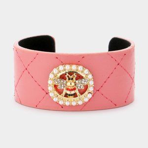 NEW Faux Pearl Trimmed Rhinestone Honey Bee Accented Cuff Bracelet